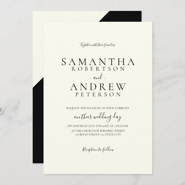 Black ivory elegant simple typography wedding invitation (Front/Back)