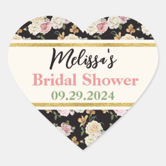 Black, Ivory, Gold Floral Bouquet Heart Sticker