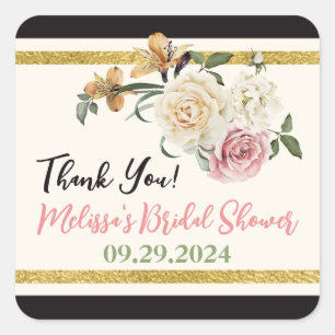 Black, Ivory, Gold Floral Bouquet Square Sticker