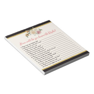 Black, Ivory, Gold Floral Bridal Shower Game Notepad