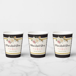 Black, Ivory, Gold Floral Bridal Shower Paper Cups