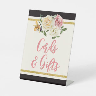 Black, Ivory, Gold Floral Bridal Shower Pedestal Sign