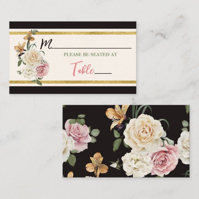Black, Ivory, Gold Floral Bridal Shower Place Card (Front/Back)