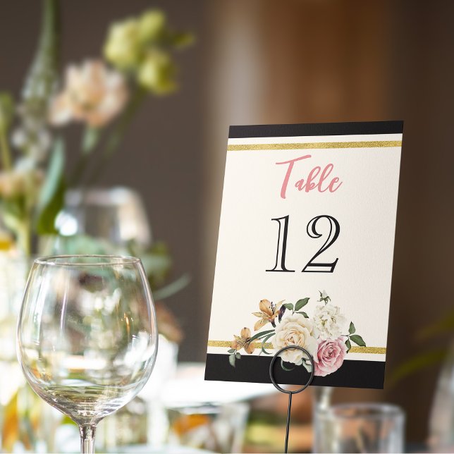Black, Ivory, Gold Floral Bridal Shower Table Number (Black, gold, ivory floral wedding table number card. )