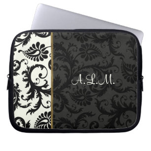 Black, Ivory, Gold Floral Damask Laptop Sleeve
