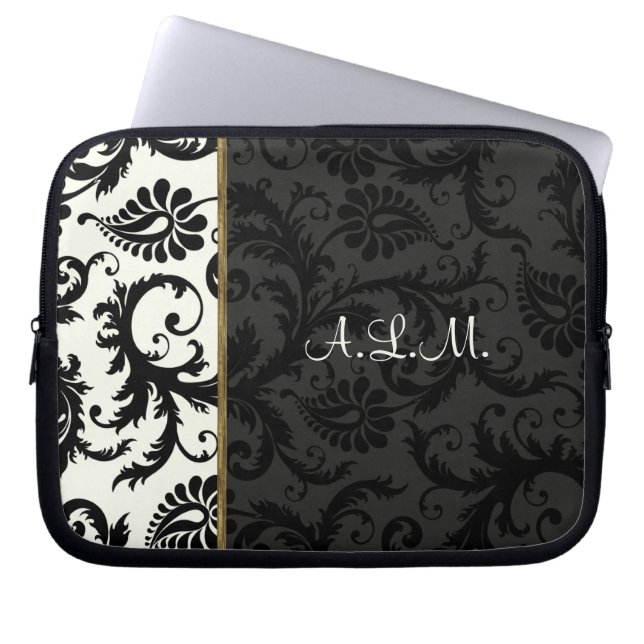 Black, Ivory, Gold Floral Damask Laptop Sleeve (Front)