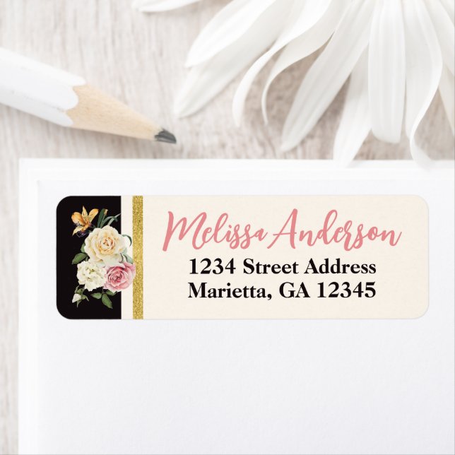 Black, Ivory, Gold Florals Return Address (Insitu)