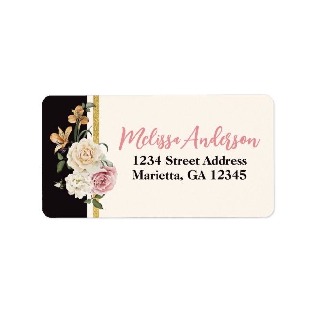 Black, Ivory, Gold Florals Return Address Label (Front)