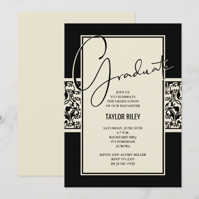 Black Ivory Graduation Damask Invitation (Front/Back)