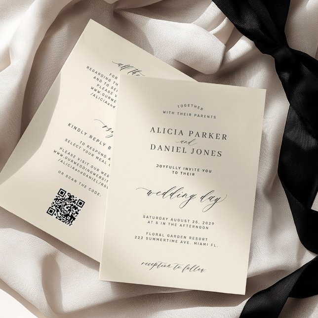 Black ivory minimalist modern QR code wedding Invitation (Creator Uploaded)
