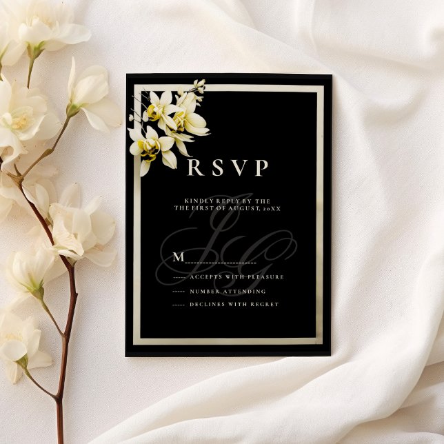 Black ivory monogram initials orchid RSVP Invitation (Black ivory monogram initials orchid RSVP )