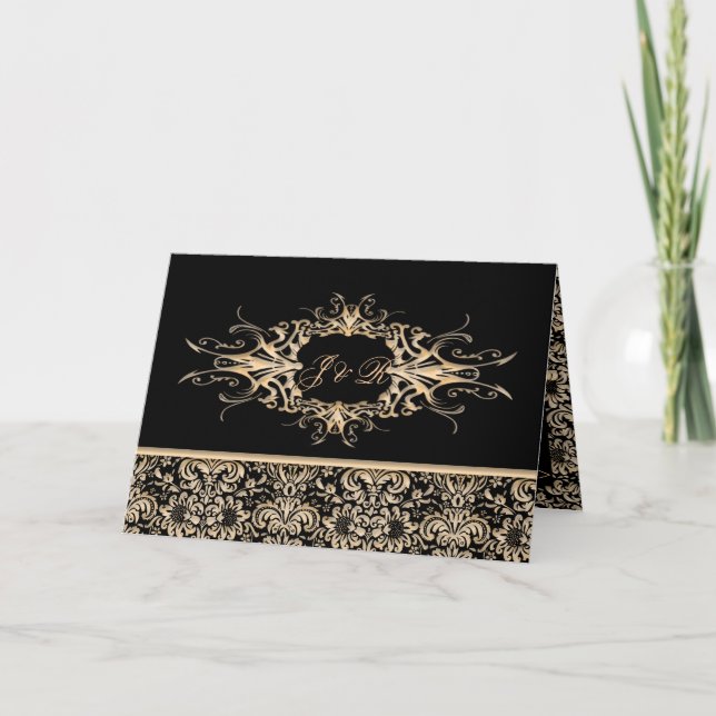Black & Ivory Ornate damask Wedding set Thank You Card (Front)