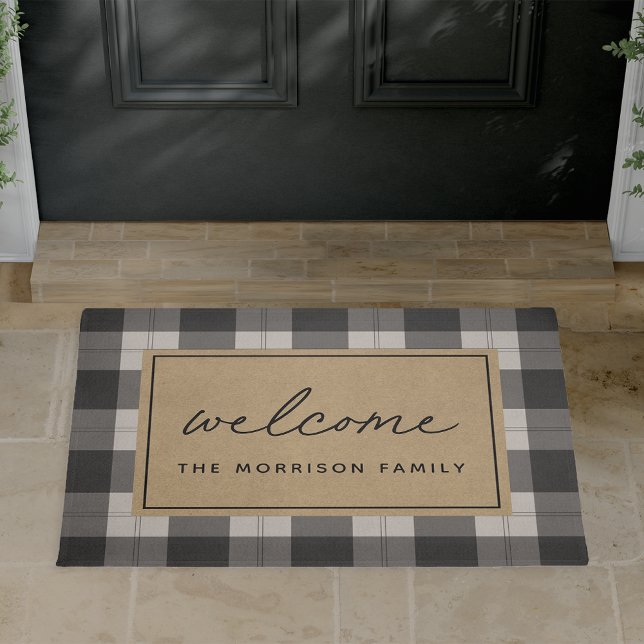 Black & Ivory Plaid Personalised Welcome Doormat (Creator Uploaded)