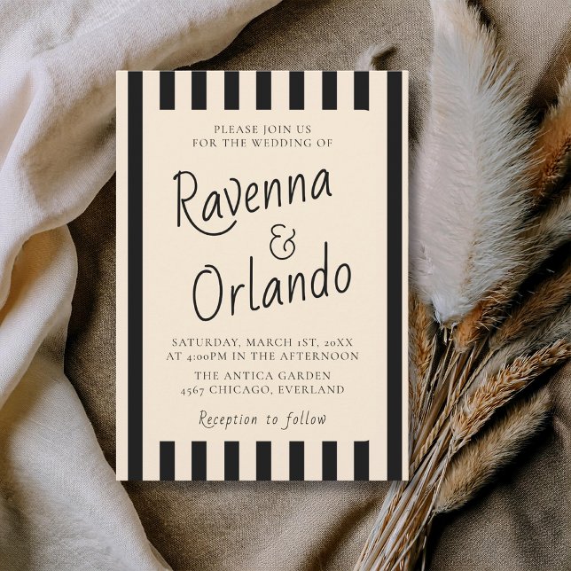 Black & Ivory Stripes Retro Minimalist Wedding Invitation (Creator Uploaded)