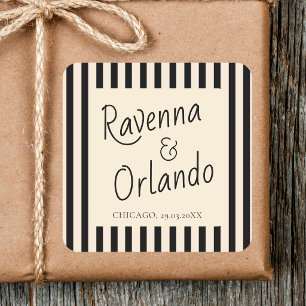 Black & Ivory Stripes Retro Minimalist Wedding Square Sticker
