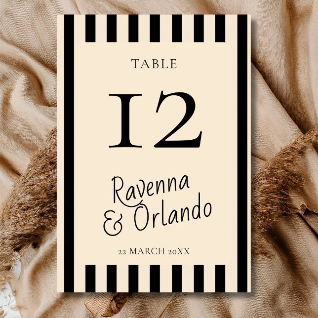 Black & Ivory Stripes Retro Minimalist Wedding Table Number (Creator Uploaded)