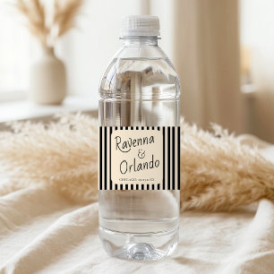 Black & Ivory Stripes Retro Minimalist Wedding Water Bottle Label