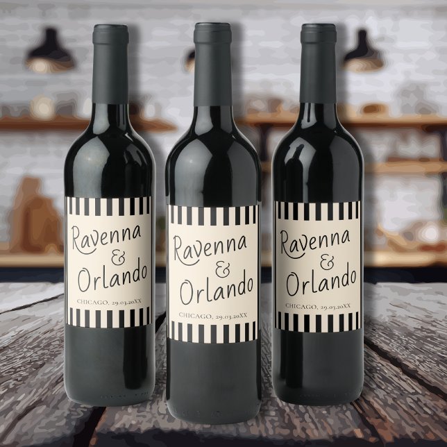 Black & Ivory Stripes Retro Minimalist Wedding Wine Label (Creator Uploaded)