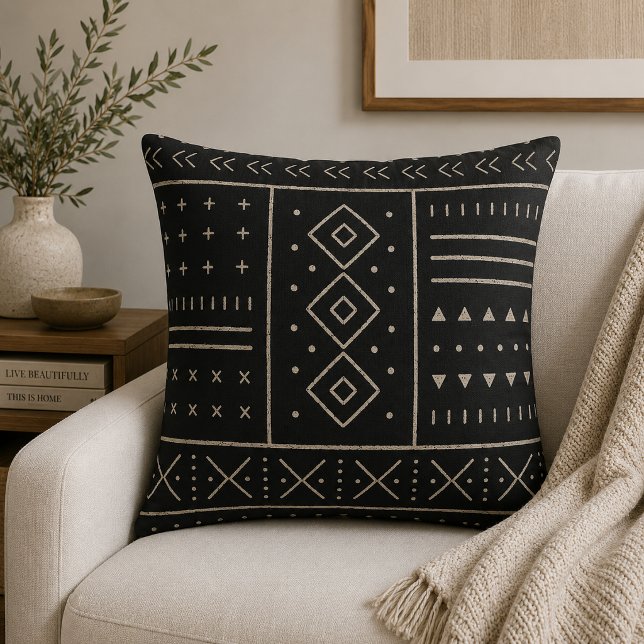 Black Ivory Tribal Geometric Pattern | Modern Boho Cushion (Creator Uploaded)