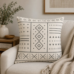 Black Ivory Tribal Geometric Pattern Modern Boho Cushion
