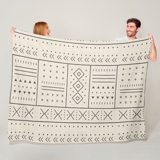 Black Ivory Tribal Geometric Pattern | Modern Boho Fleece Blanket (In Situ)
