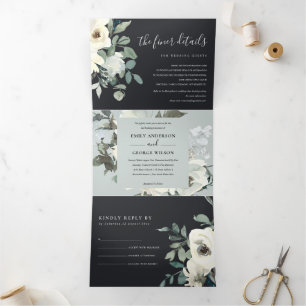 BLACK IVORY WHITE FLORAL WATERCOLOR BUNCH WEDDING Tri-Fold INVITATION