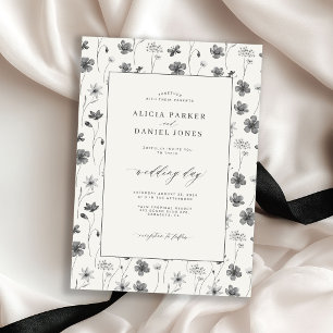 Black ivory wildflower floral garden wedding invitation