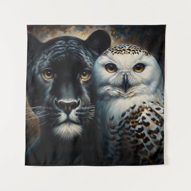 Black Jaguar and Snowy Owl Painting Tapestry (Front)
