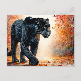 Black Jaguar Autumn Watercolor Postcard