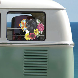 Black Jaguar Portrait Flowers