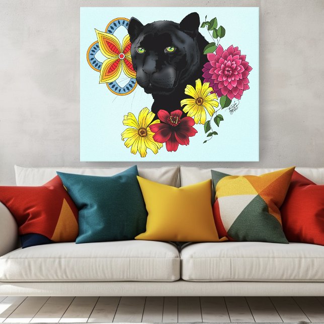Black Jaguar Portrait Flowers Canvas Print (Creator Uploaded)