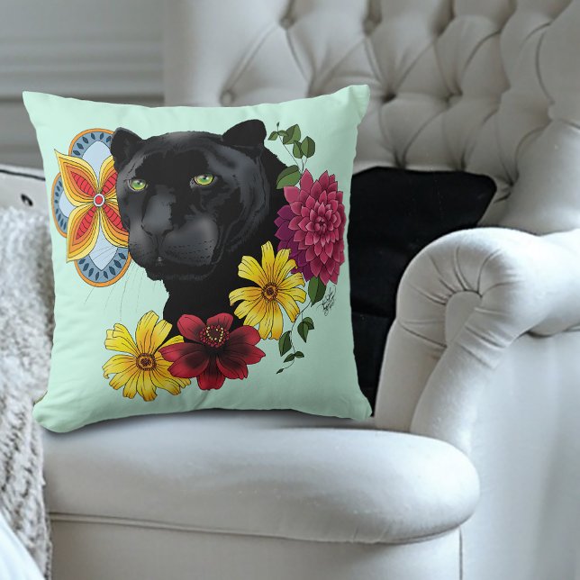 Black Jaguar Portrait Flowers Cushion (Creator Uploaded)