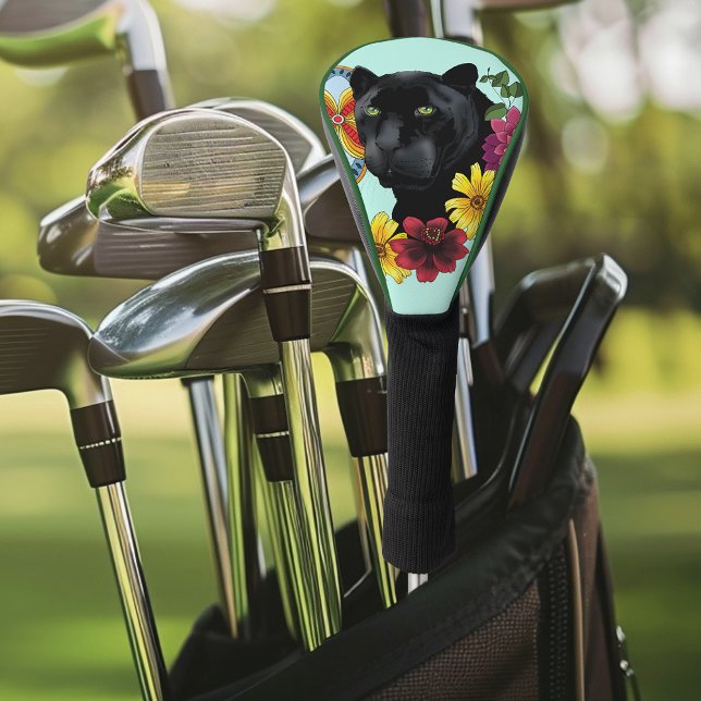 Black Jaguar Portrait Flowers Golf Head Cover (Creator Uploaded)