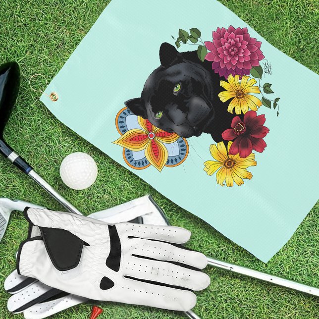 Black Jaguar Portrait Flowers Golf Towel (Creator Uploaded)