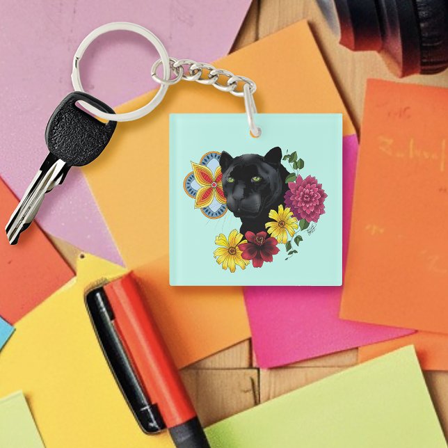 Black Jaguar Portrait Flowers Key Ring (Creator Uploaded)