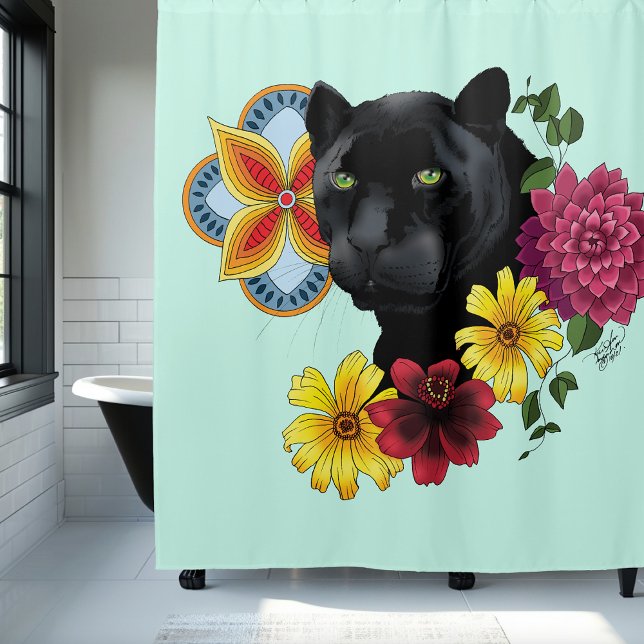 Black Jaguar Portrait Flowers Shower Curtain (Creator Uploaded)