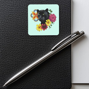 Black Jaguar Portrait Flowers Square Sticker