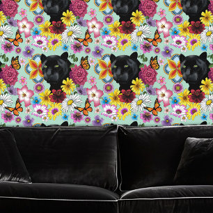 Black Jaguar Portrait Flowers Wallpaper