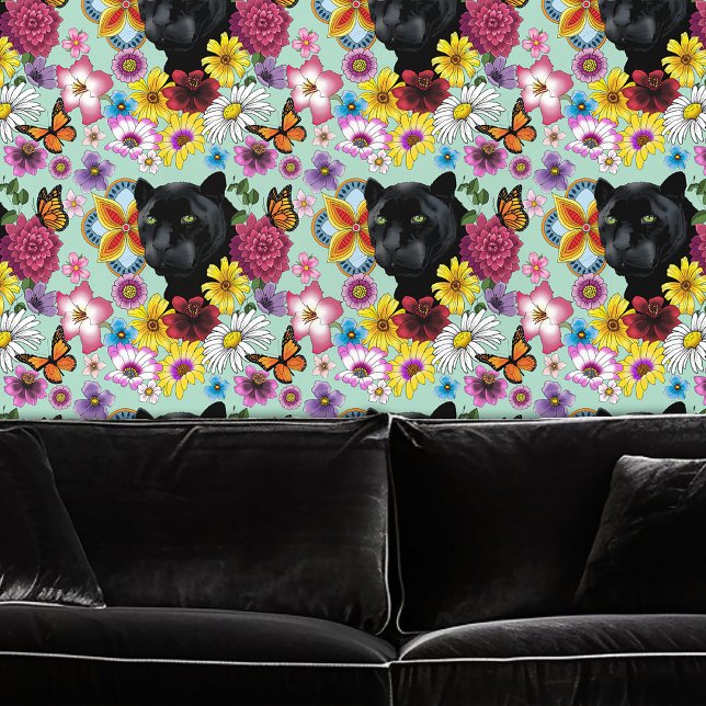 Black Jaguar Portrait Flowers Wallpaper (Creator Uploaded)