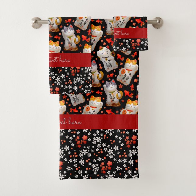 Black Japanese Lucky Cat Decor Kimono Koi Carp Bath Towel Set (Insitu)