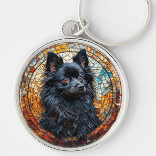 Black Japanese Spitz Beautiful Stained Glass Art Key Ring