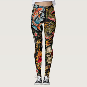 Black Japanese Tattoo -,Koi Fish Dragon Skull Rose Leggings