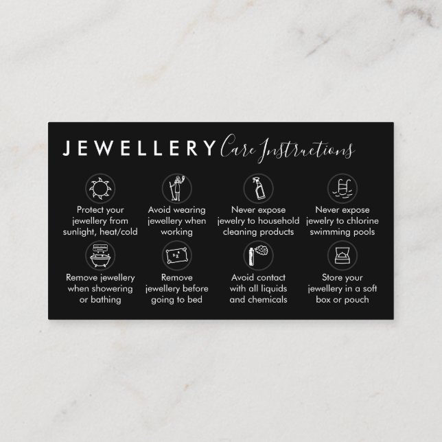 Black Jewellery Aftercare Instructions Business Card (Back)