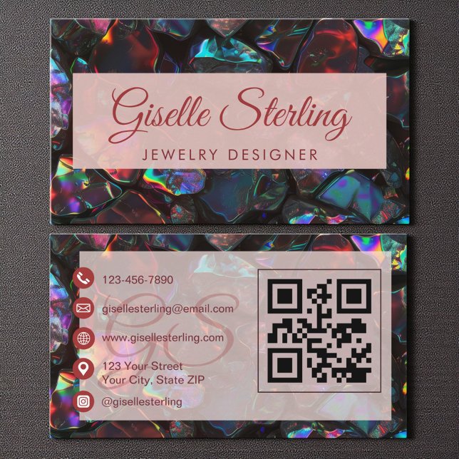  Black Jewellery Designer Opal Gemstone QR Code Business Card (Creator Uploaded)