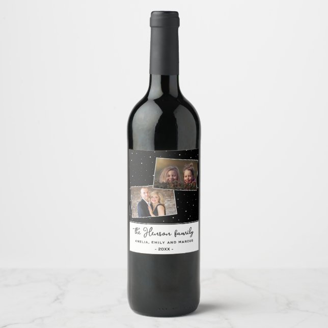 Black Joyful Script Holiday Family 2 Photo Wine Label (Front)