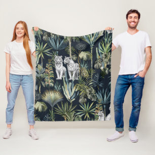 Black Jungle White Tigers Fleece Blanket