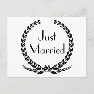 Black Just Married Floral Laurel Leaf Wreath Announcement Postcard
