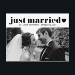 Black Just Married Retro Bold Typography Photo Postcard<br><div class="desc">Just Married! Announce your elopement or wedding with this just married postcard. It featuring retro bold typography with heart accent. Personalise by adding your names, wedding date, message and photos. This just married card is perfect for any wedding theme and season. It's available as a flat card, postcard and folded...</div>