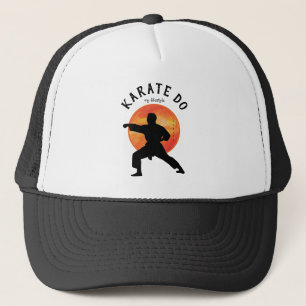Black Karate Figure Sun Orange Yellow Name Modern Trucker Hat