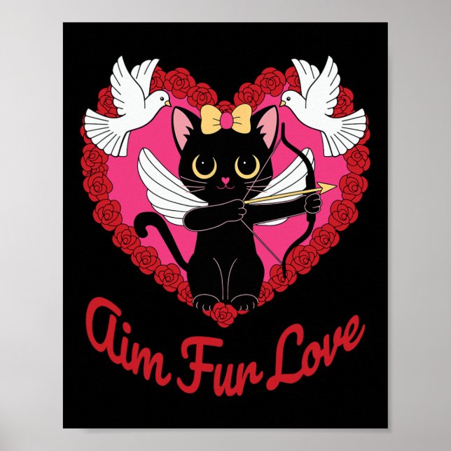 Black Kawaii Cat Cupid With Heart And Rose Aim Fur Poster (Front)